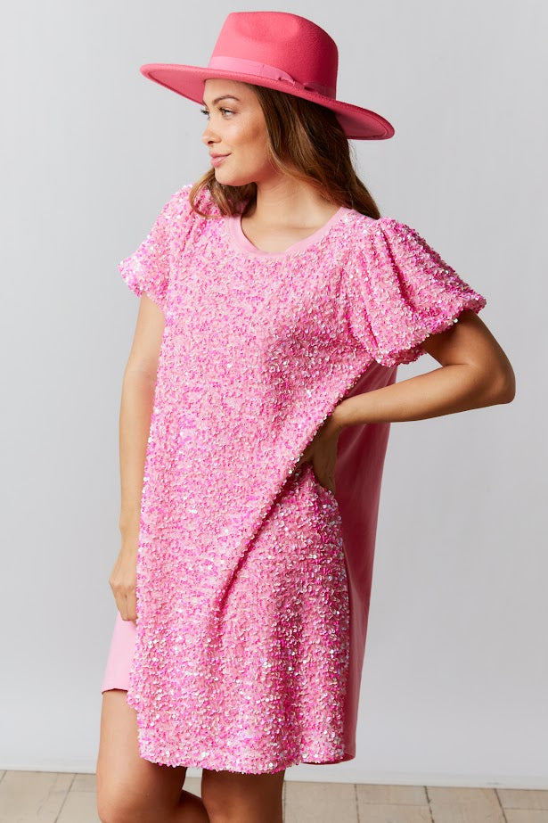 All That Glitters Sequin Shirt Dress in Pink