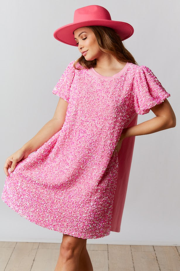 All That Glitters Sequin Shirt Dress in Pink