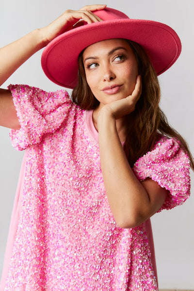 All That Glitters Sequin Shirt Dress in Pink