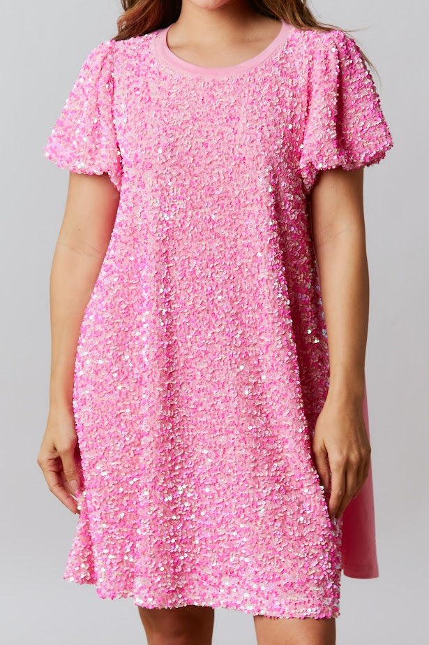 All That Glitters Sequin Shirt Dress in Pink