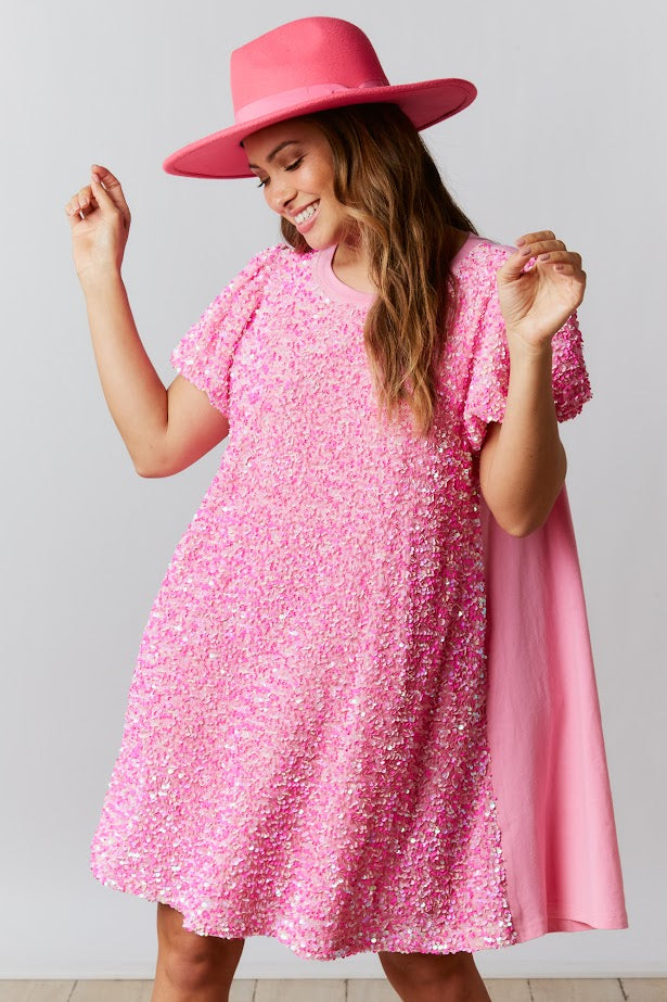 All That Glitters Sequin Shirt Dress in Pink