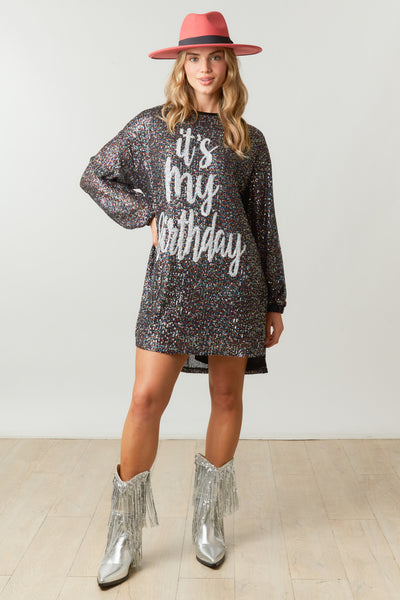 Birthday Behavior Long Sleeve Sequin Dress in Rainbow Black