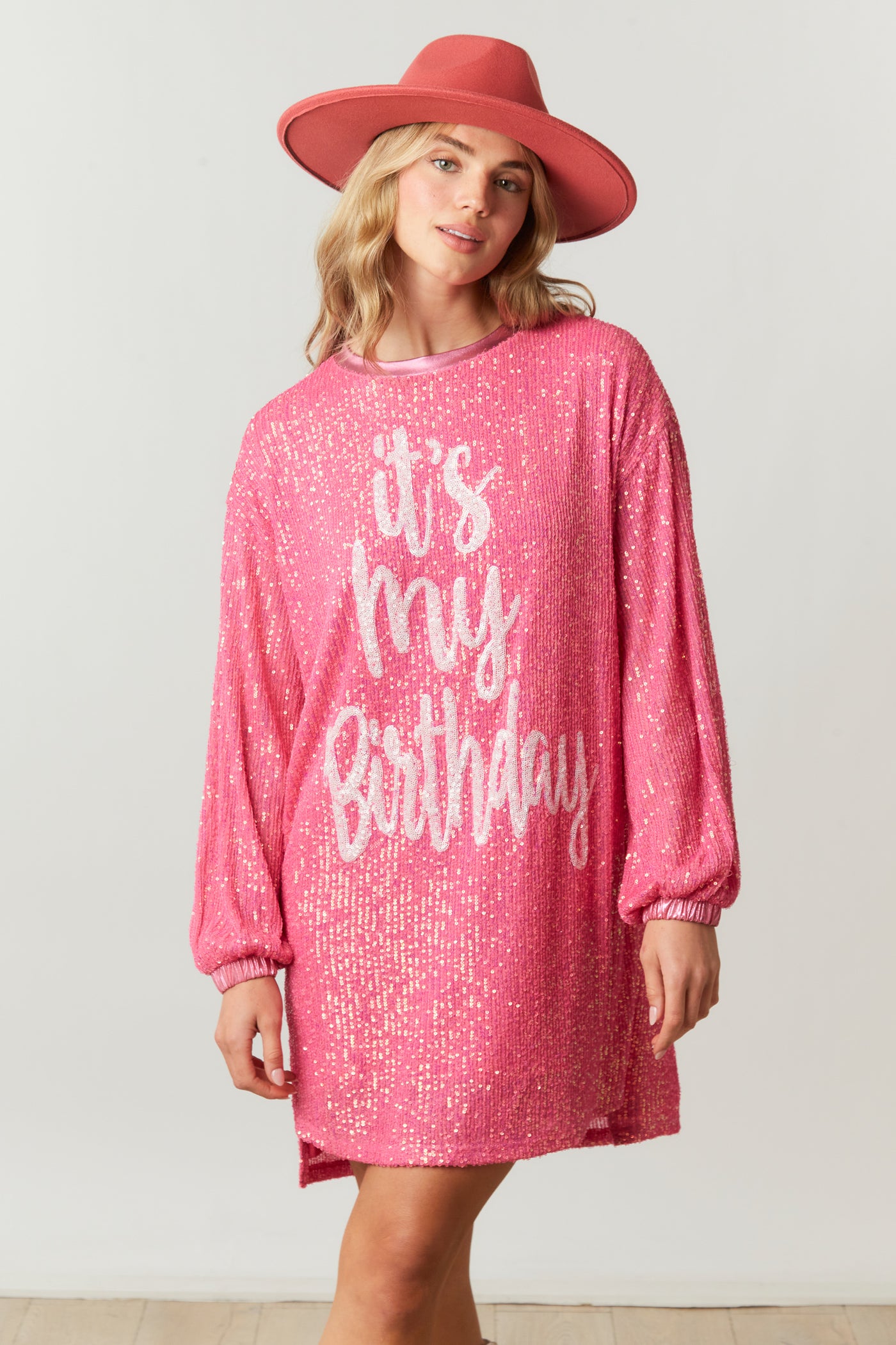 Birthday Behavior Long Sleeve Sequin Dress in Pink