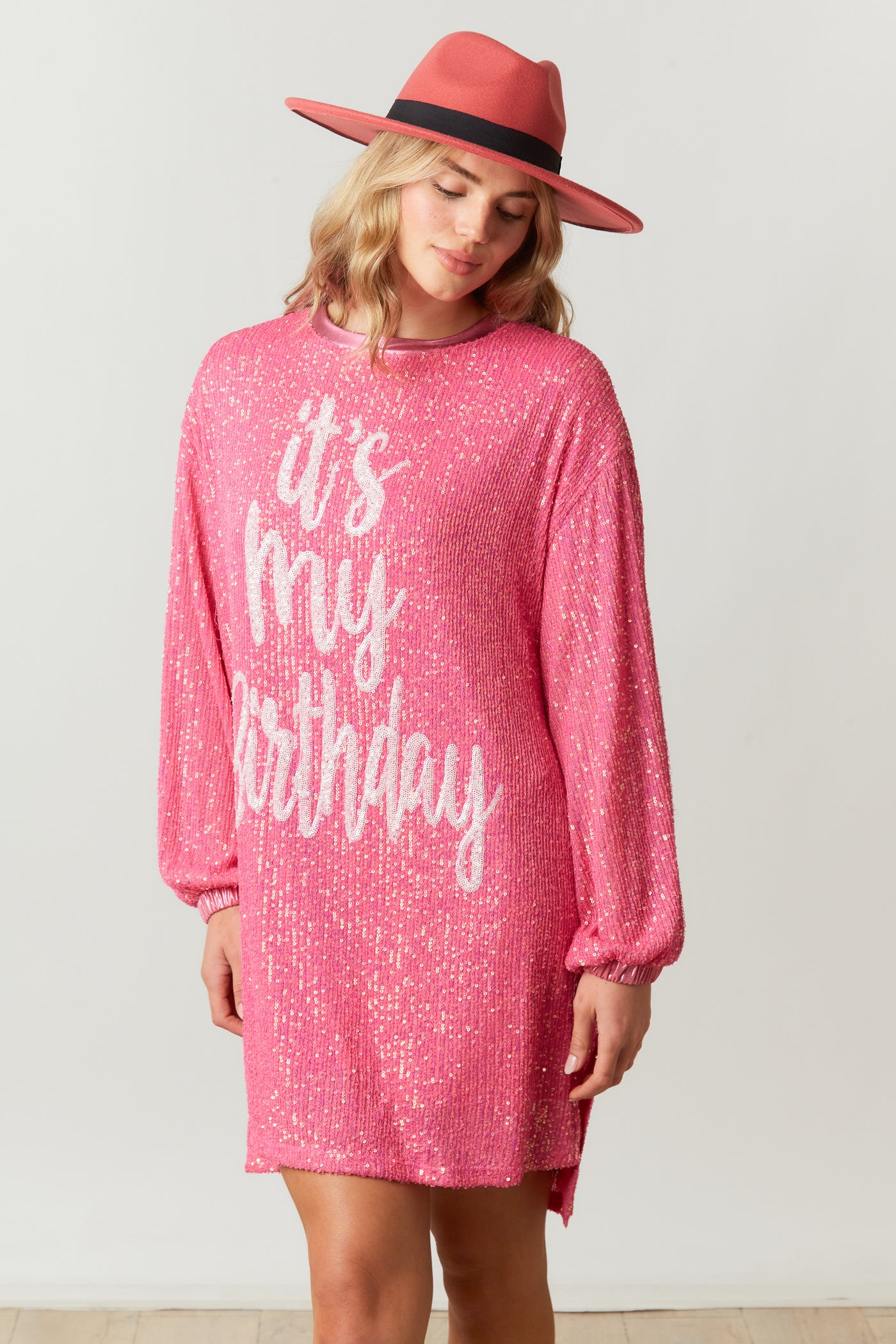Birthday Behavior Long Sleeve Sequin Dress in Pink