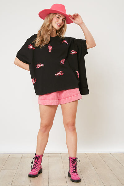 Lobster Party Sequin Patch Oversized Shirt in Black