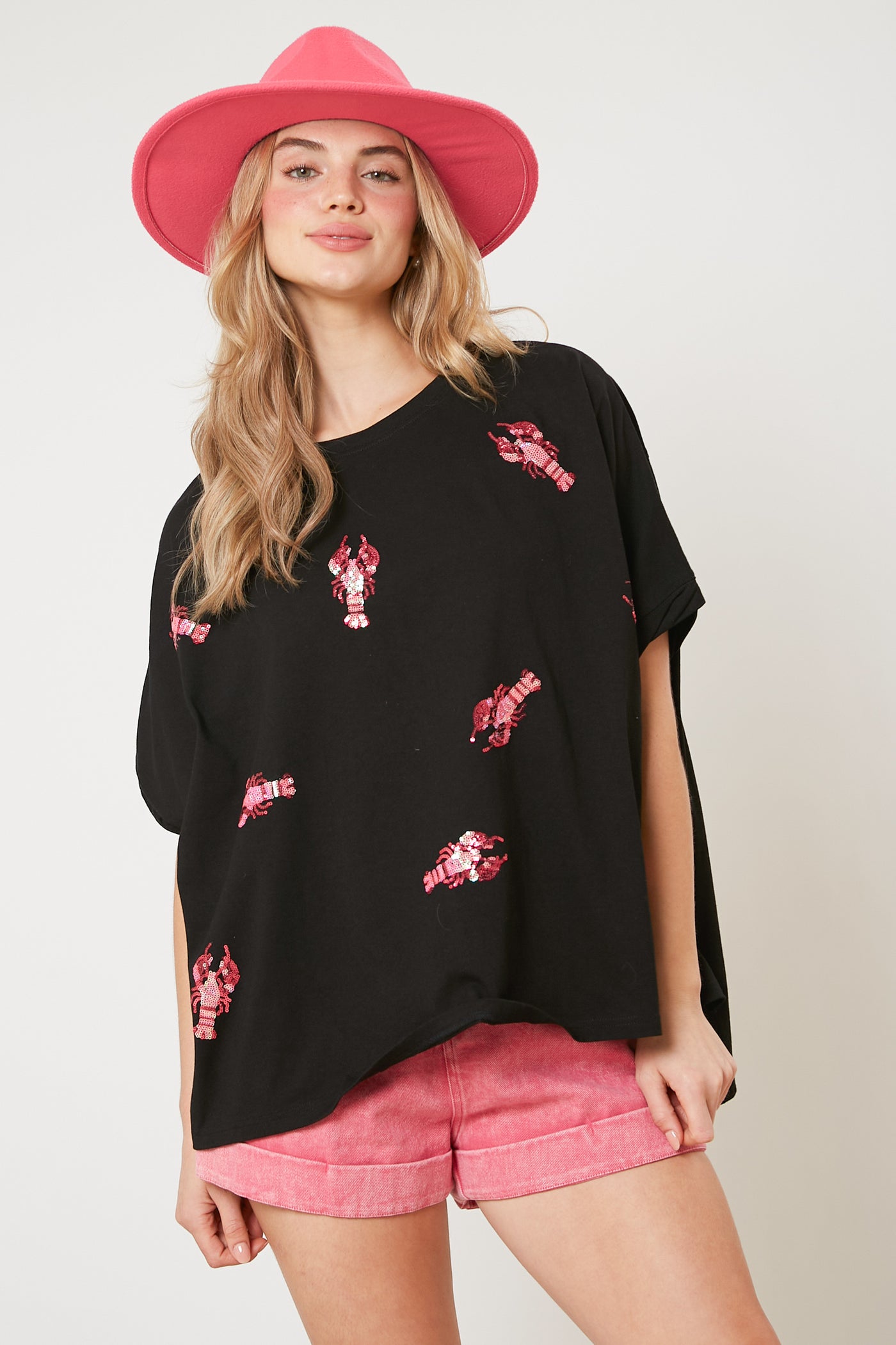 Lobster Party Sequin Patch Oversized Shirt in Black