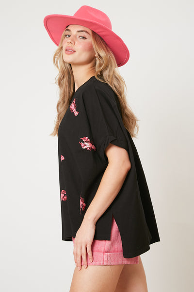 Lobster Party Sequin Patch Oversized Shirt in Black