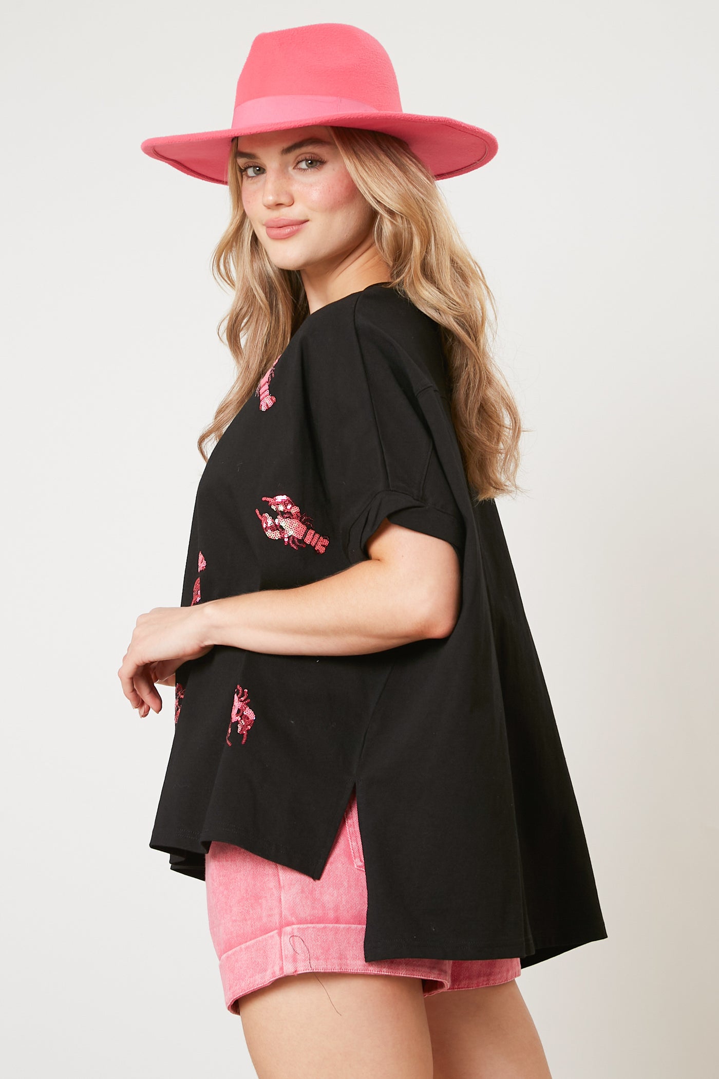 Lobster Party Sequin Patch Oversized Shirt in Black