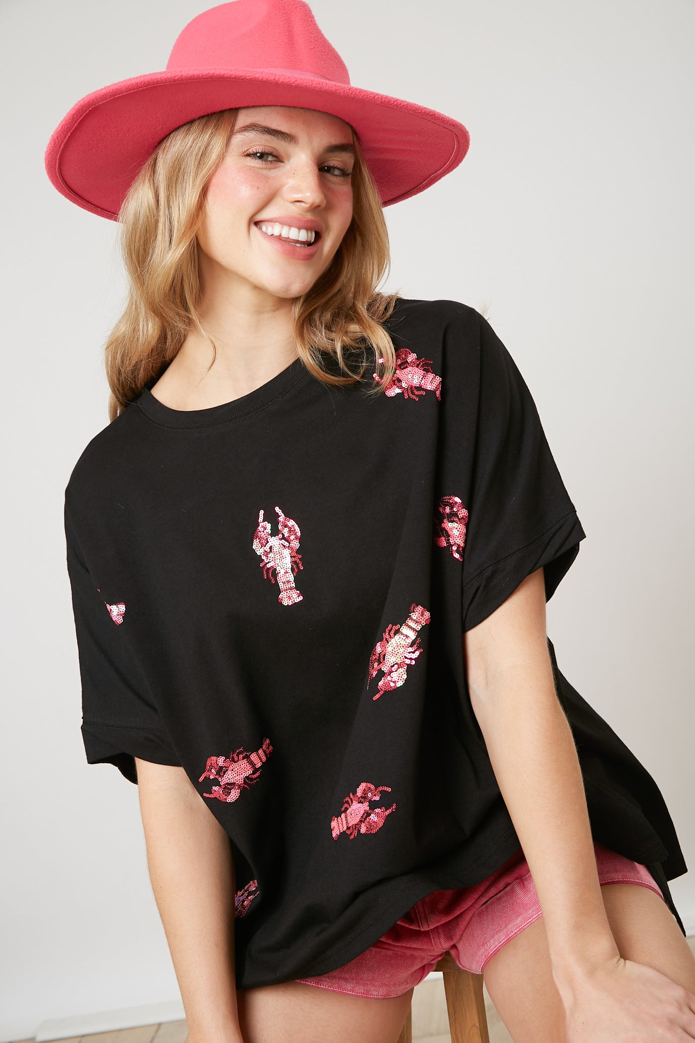 Lobster Party Sequin Patch Oversized Shirt in Black