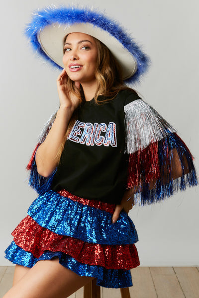 America Sequin Patch Top with Foil Tassel Sleeves in Black