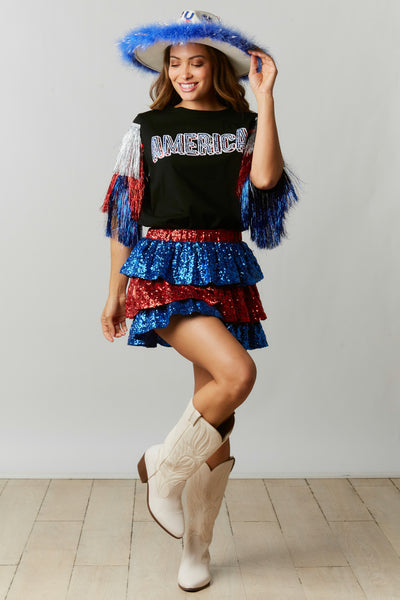 America Sequin Patch Top with Foil Tassel Sleeves in Black