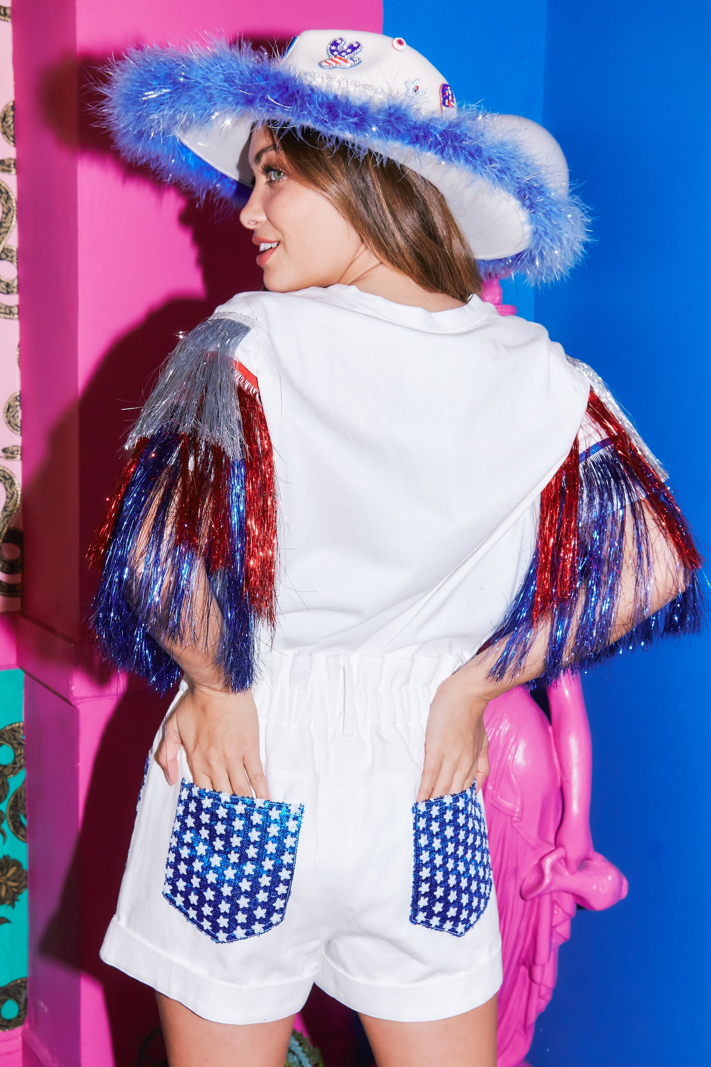 America Sequin Patch Top with Foil Tassel Sleeves in White