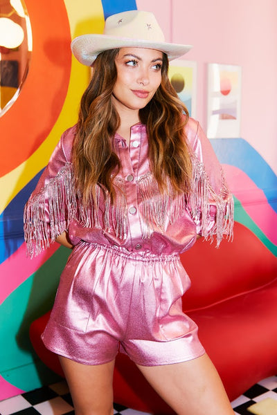 Space Cowgirl Fringed Metallic Romper in Pink