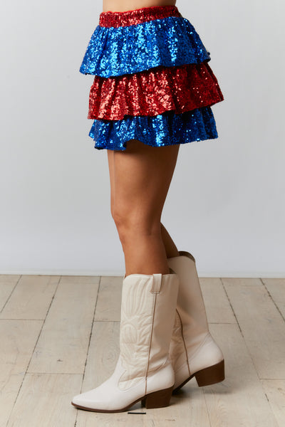 Red White and Blue Sequin Tiered Skort Skirt