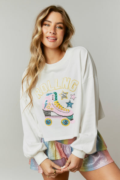 Rollin' Roller Skate Sequin Patch Sweatshirt in White