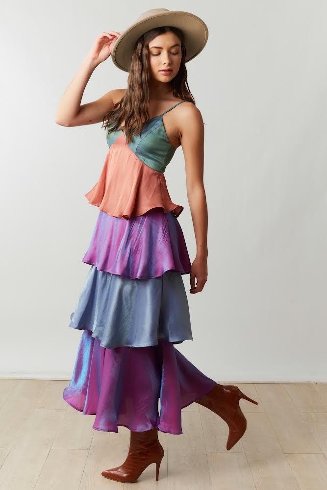 Harvest Hour Tiered Colorblock Dress in Emerald/Purple