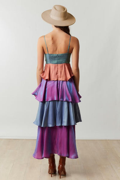 Harvest Hour Tiered Colorblock Dress in Emerald/Purple