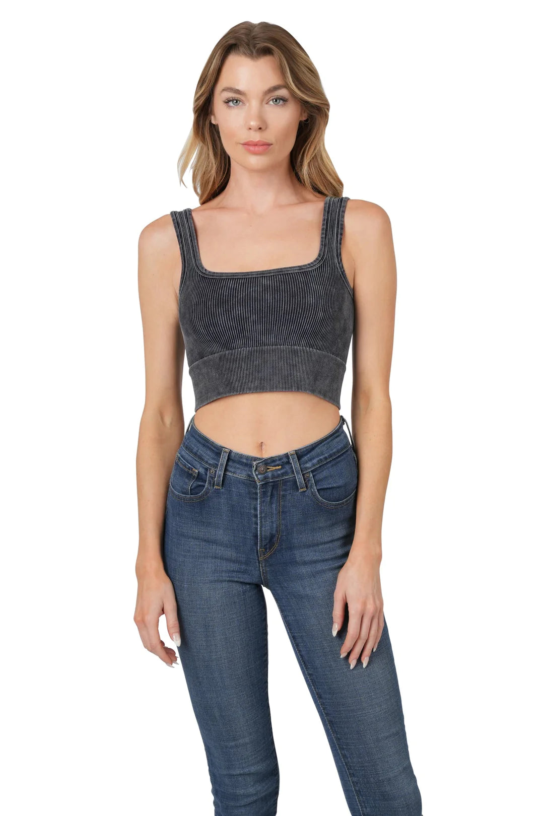 Maddie Washed Ribbed Crop Top Bralette in Black