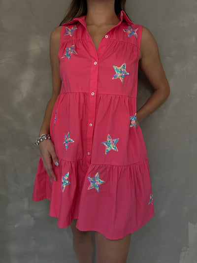 The Brightest Star Sequin Patch Tiered Mini Dress in Fuchsia