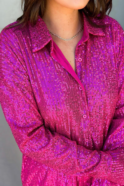 Sparkle On Sequin Mesh Button Down Top in Hot Pink