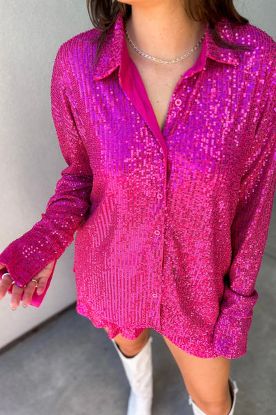 Sparkle On Sequin Mesh Button Down Top in Hot Pink