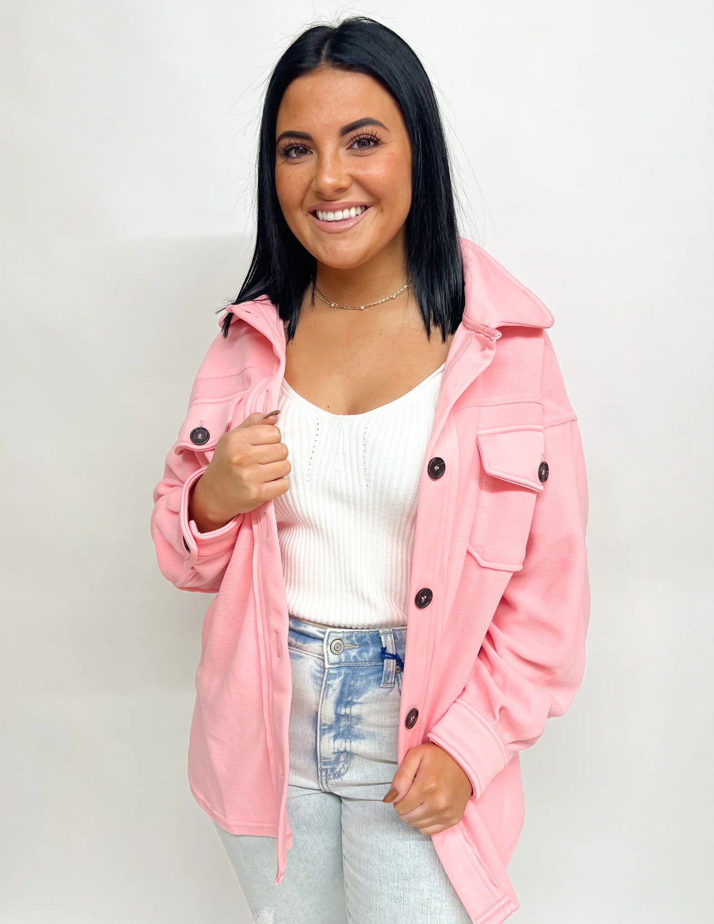 All About the Fleece Button-Down Shacket in Dusty Pink