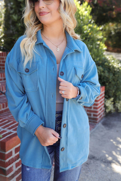 All About the Fleece Button-Down Shacket in Deep Sky