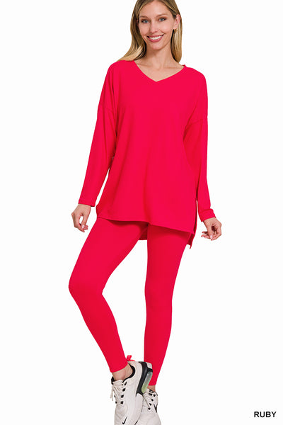 Lounge All Day V-Neck Brushed Microfiber Loungewear Set in Ruby