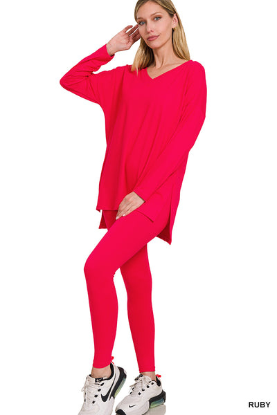 Lounge All Day V-Neck Brushed Microfiber Loungewear Set in Ruby