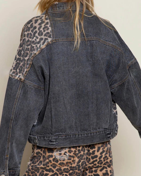 Ellie Leopard Print Denim Jacket in Vintage Black
