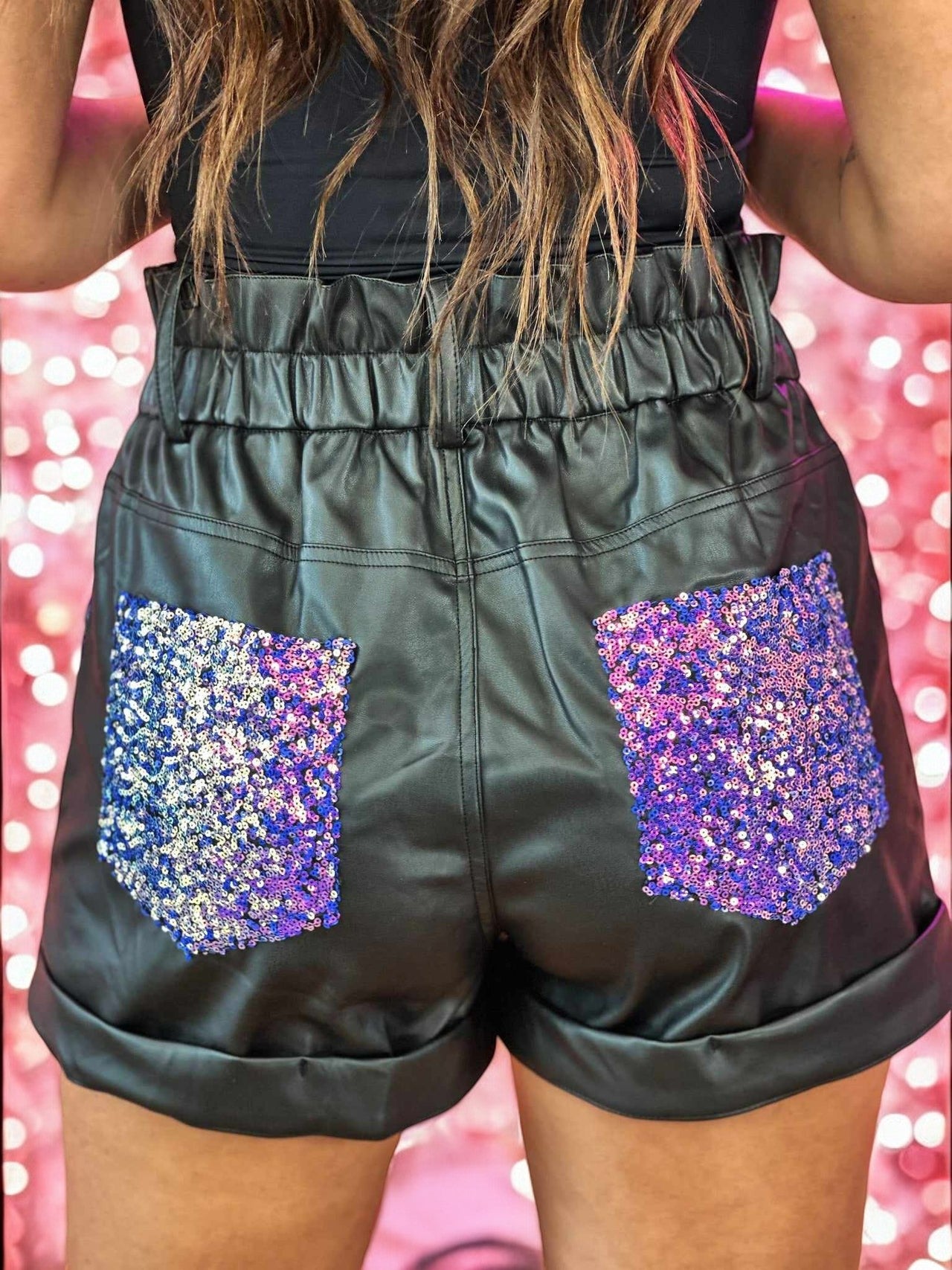 Stole The Show Vegan Leather Sequin Shorts in Black