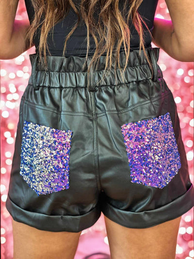 Stole The Show Vegan Leather Sequin Shorts in Black