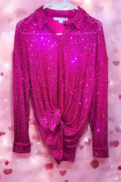 Sparkle On Sequin Mesh Button Down Top in Hot Pink