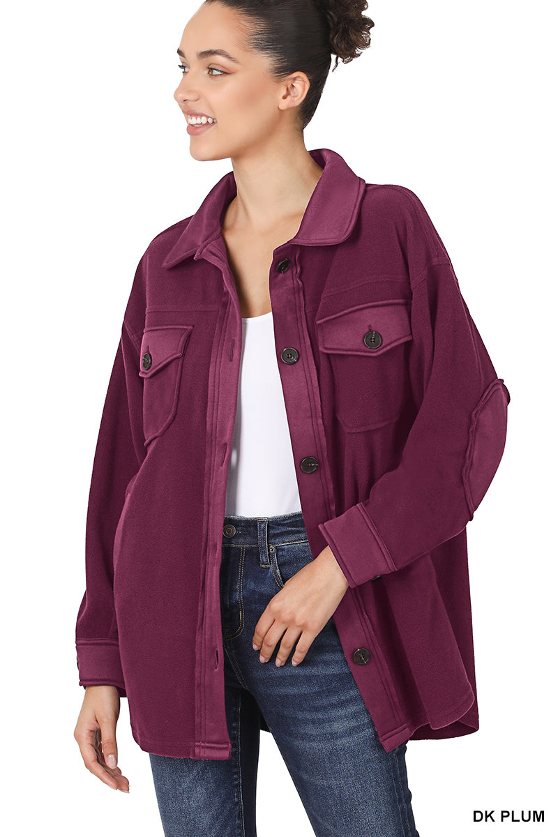 All About the Fleece Button-Down Shacket in Dark Plum