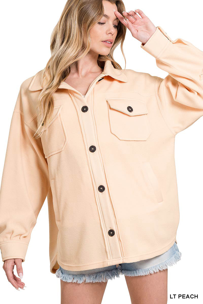 All About the Fleece Button-Down Shacket in Light Peach