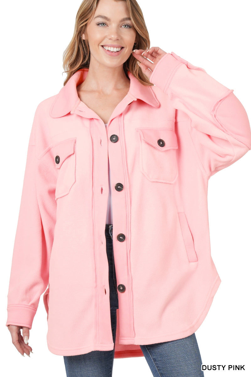 All About the Fleece Button-Down Shacket in Dusty Pink