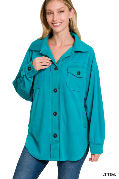 All About the Fleece Button-Down Shacket in Light Teal