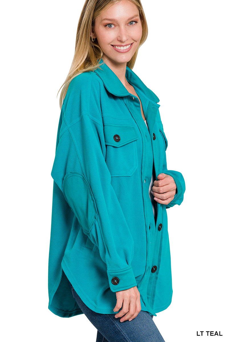 All About the Fleece Button-Down Shacket in Light Teal