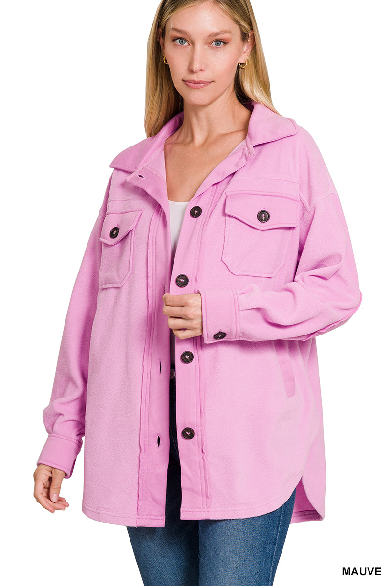 All About the Fleece Button-Down Shacket in Mauve