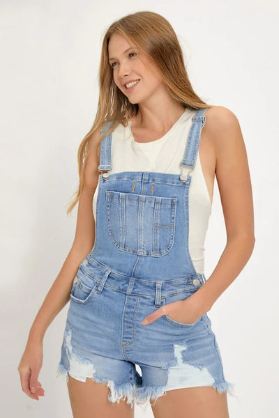 Risen Bree Denim Distressed Overall Shorts