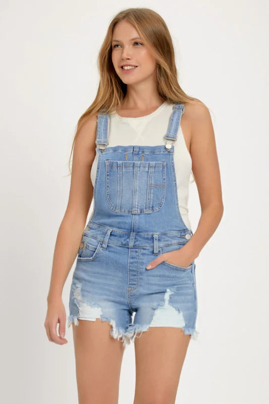 Risen Bree Denim Distressed Overall Shorts