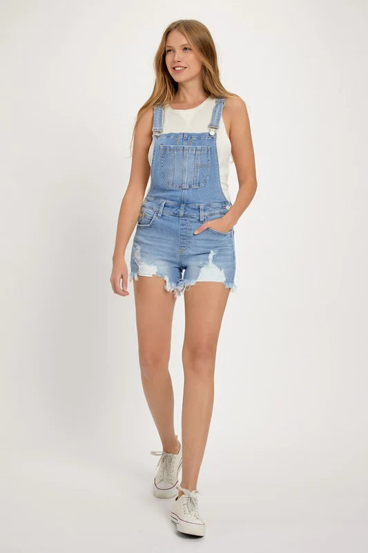 Risen Bree Denim Distressed Overall Shorts