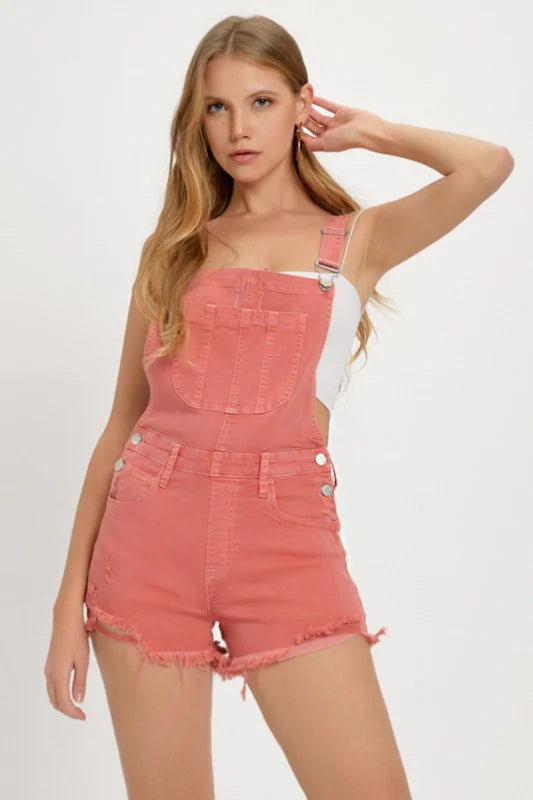 Risen Bree Peach Distressed Overall Shorts