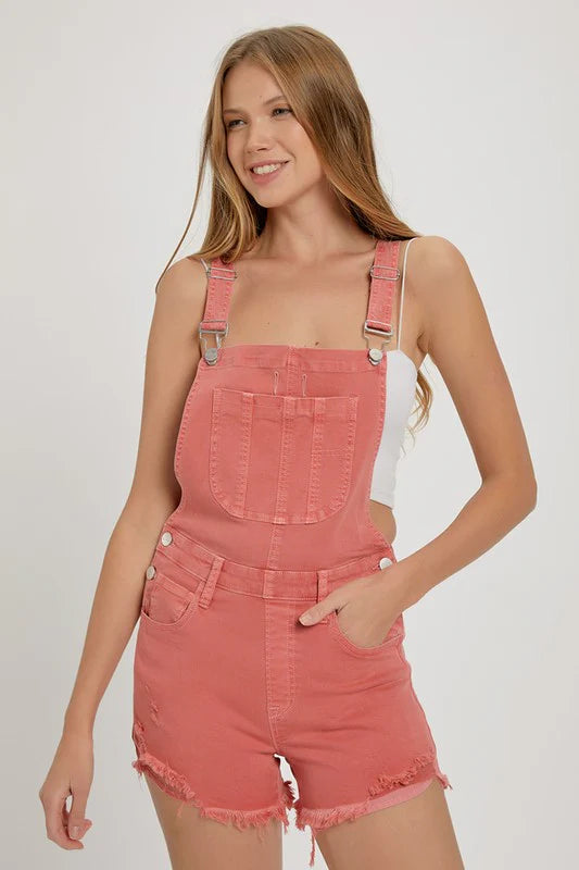 Risen Bree Peach Distressed Overall Shorts