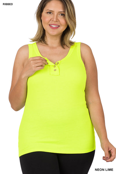 Hayden 2 Henley Tank with Button Detail in Neon Lime