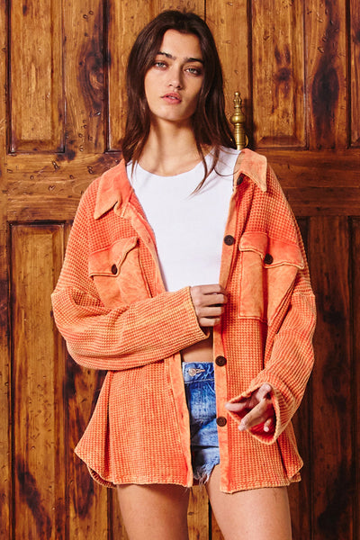 Kayla Waffle Knit Washed Shacket in Orange
