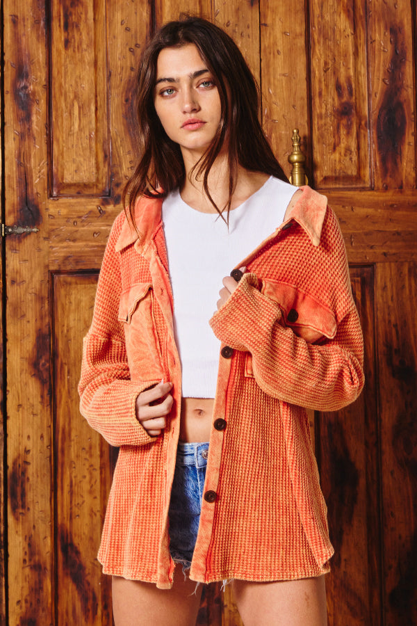 Kayla Waffle Knit Washed Shacket in Orange