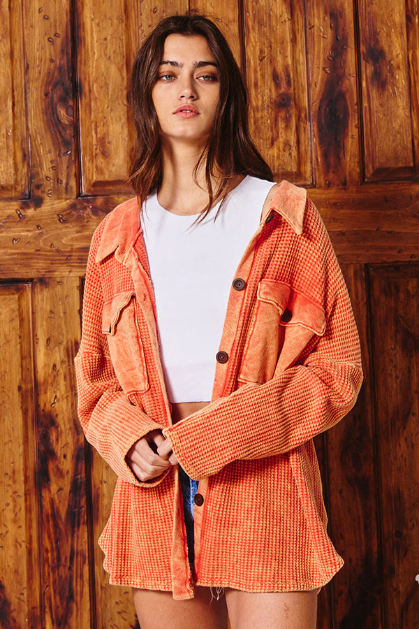 Kayla Waffle Knit Washed Shacket in Orange