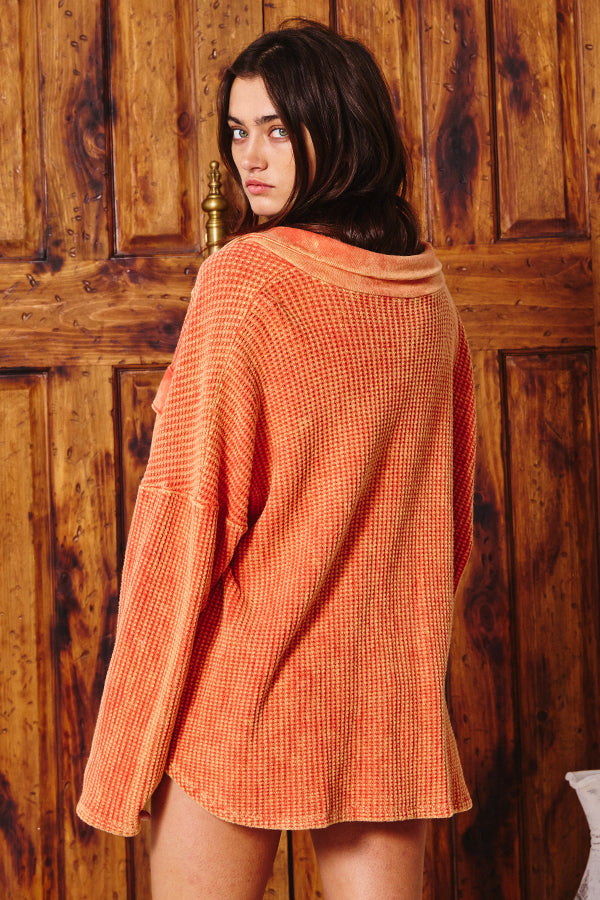 Kayla Waffle Knit Washed Shacket in Orange