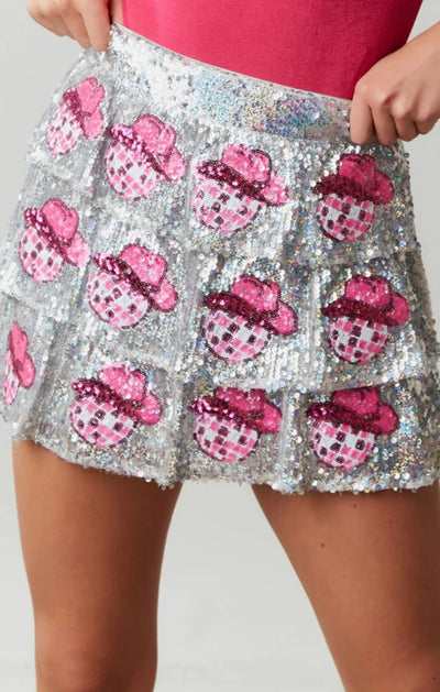 Disco Cowgirl Disco Ball and Hat Patch Sequin Mini Skirt